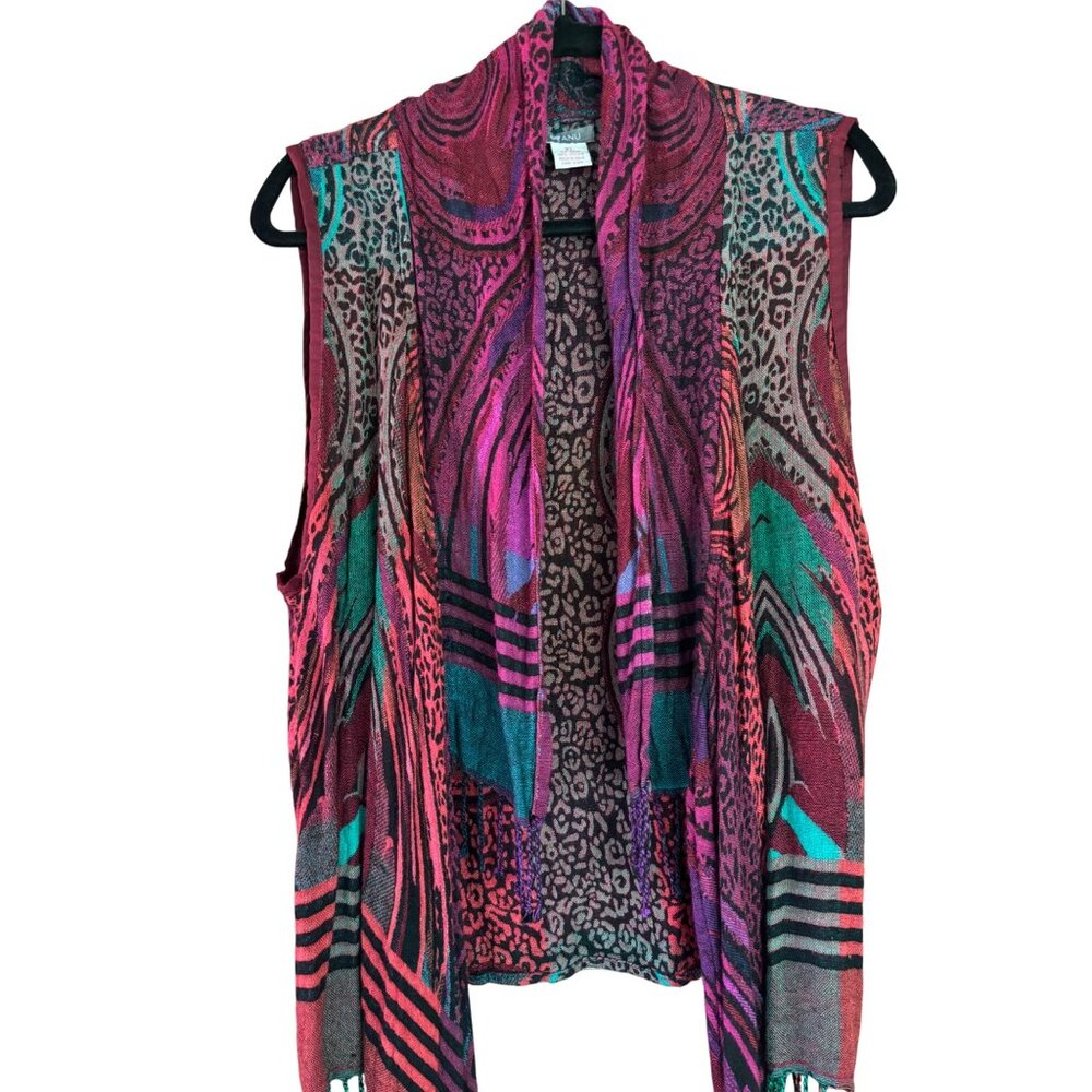 Anu Bohemian Sleeveless Open Front Vest Art-to-Wear  Fringe Hem Vibrant Print